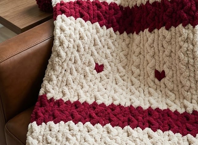 Copertina "Nuvola di Coccole" – Chunky Knit XXL Rosso & Beige -Fatto a mano-